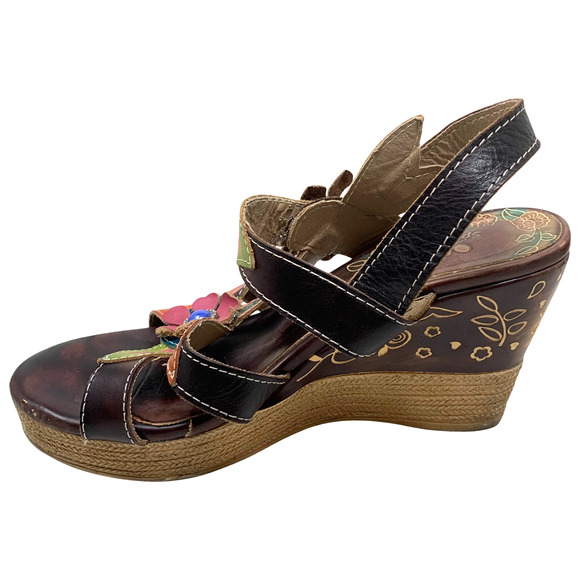 L'Artiste Spring Step Althea Leather Floral Wedge Heel Sandals Sz 38 US 7.5/8 - Picture 4 of 13
